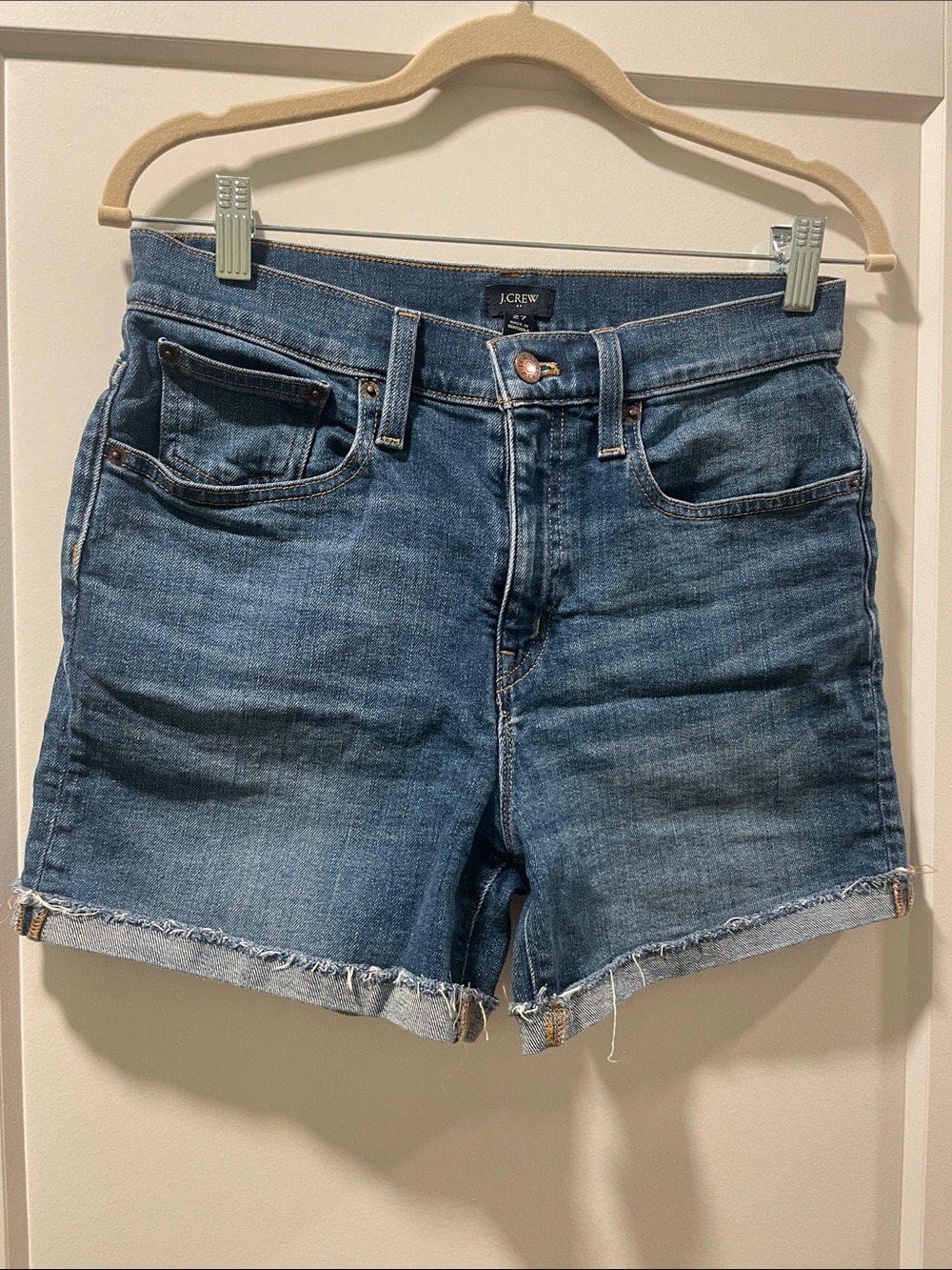 J. Crew Medium Blue Denim Frayed Hem Jean Shorts